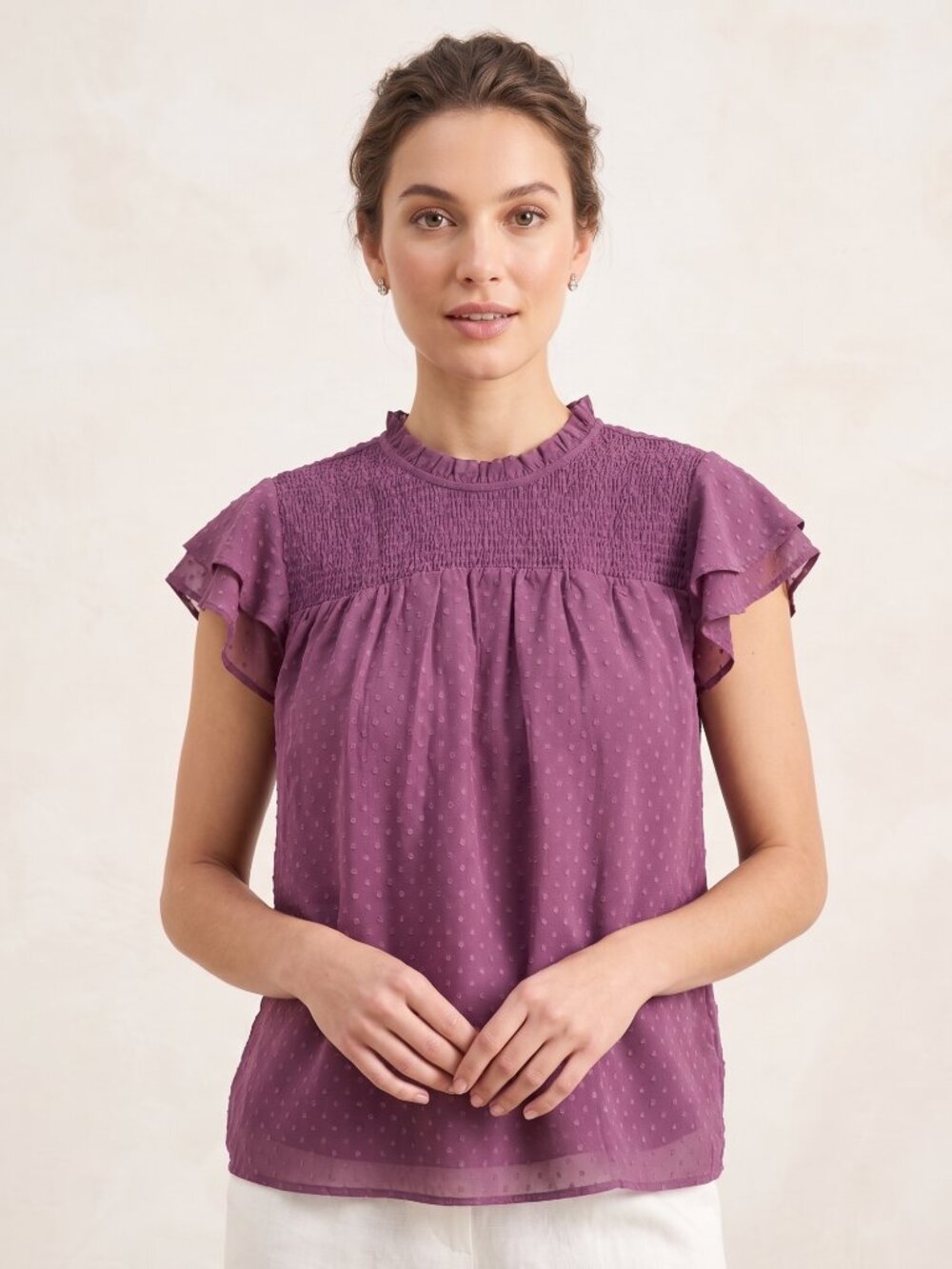 NWOT | Plum Swiss Dot Smocked Ruffle Neck Flutter Sleeve Keyhole Blouse | XL